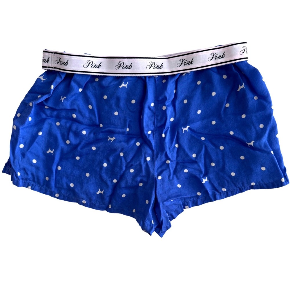 PINK Victoria's Secret Boxer Pajama Shorts Blue Polka Dot Logo Dog Lounge Medium